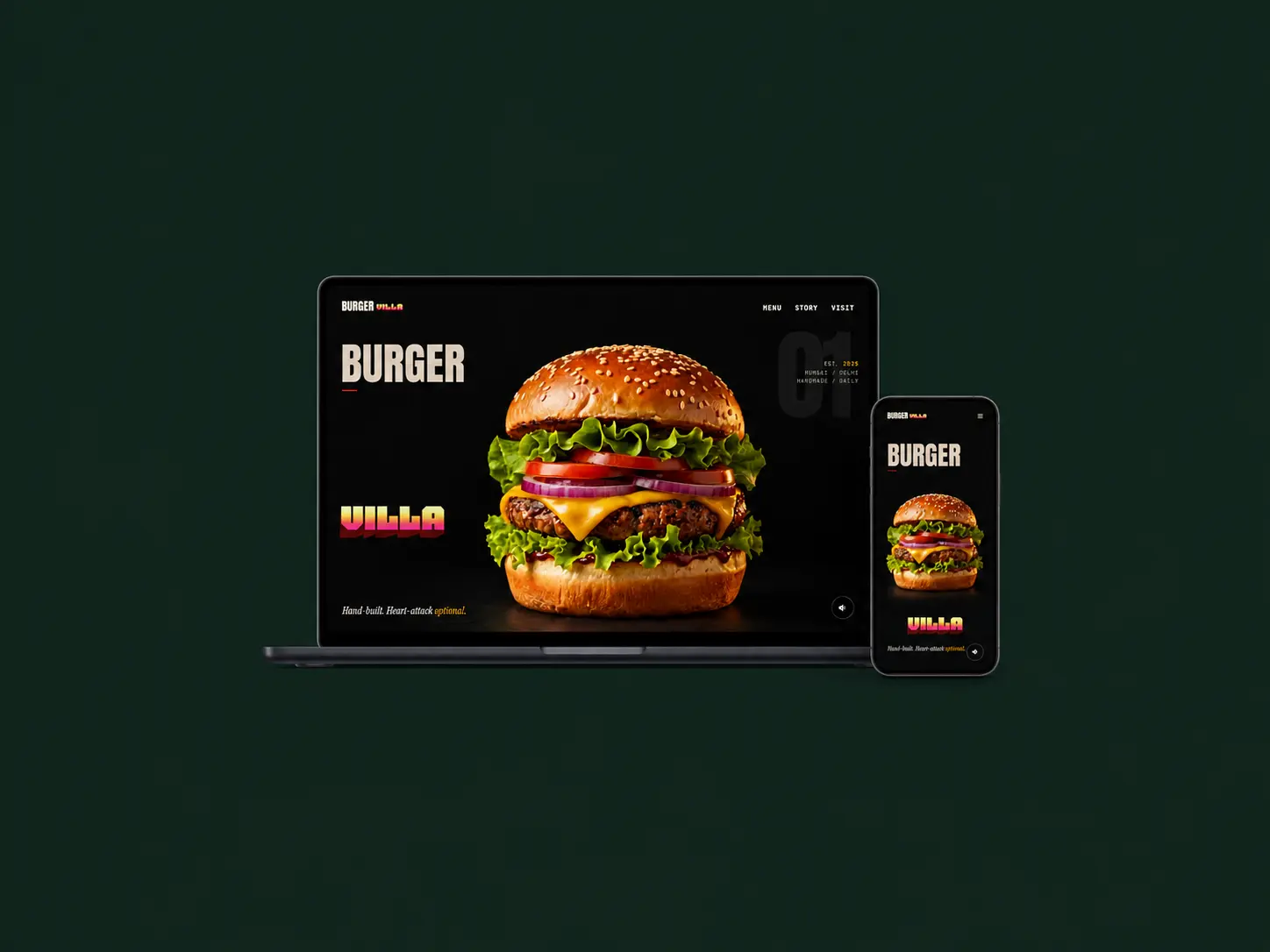 Burger Villa website design featuring appetizing UI layouts for a restaurant on mobile and desktop