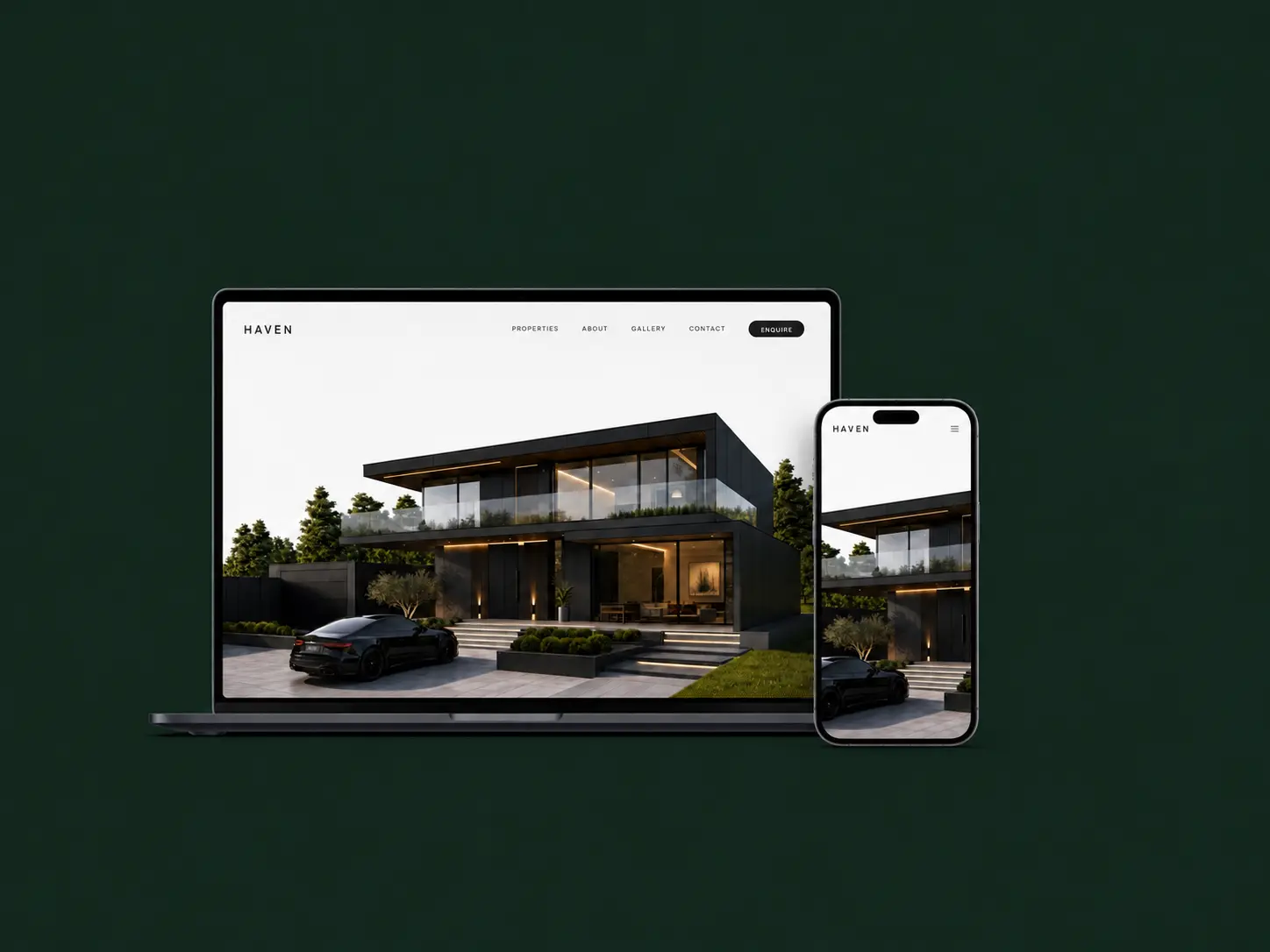 Haven Real Estate website design displaying modern property listings on mobile and desktop UI