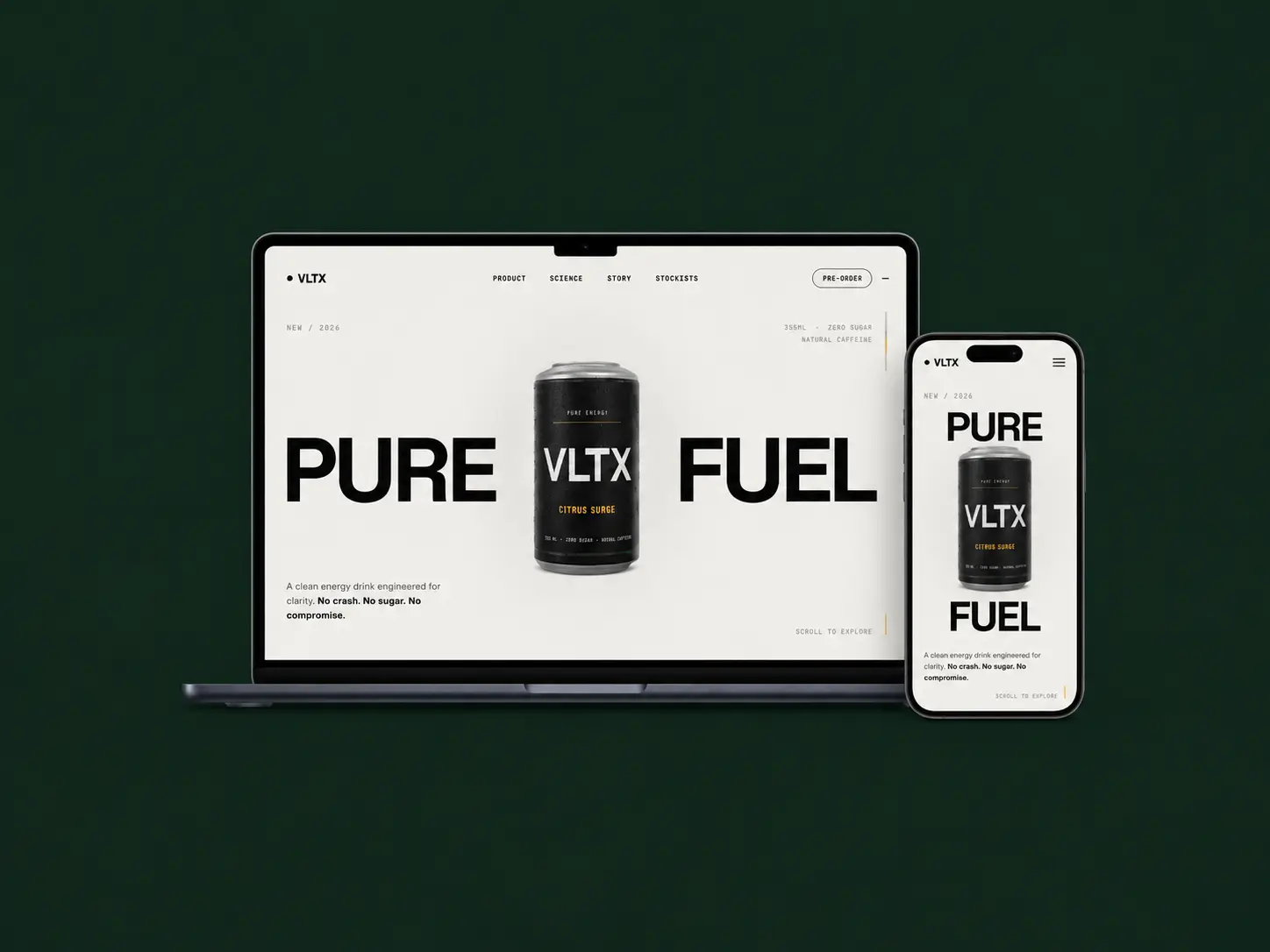 VLTX drink brand website design featuring bold and energetic UI layouts on mobile and desktop